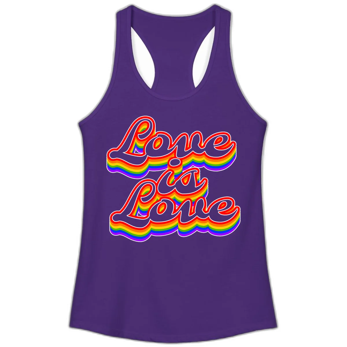 Love is Love rainbow Pride design with layered multicolor text and white outlines on gray background in Solid Purple Rush