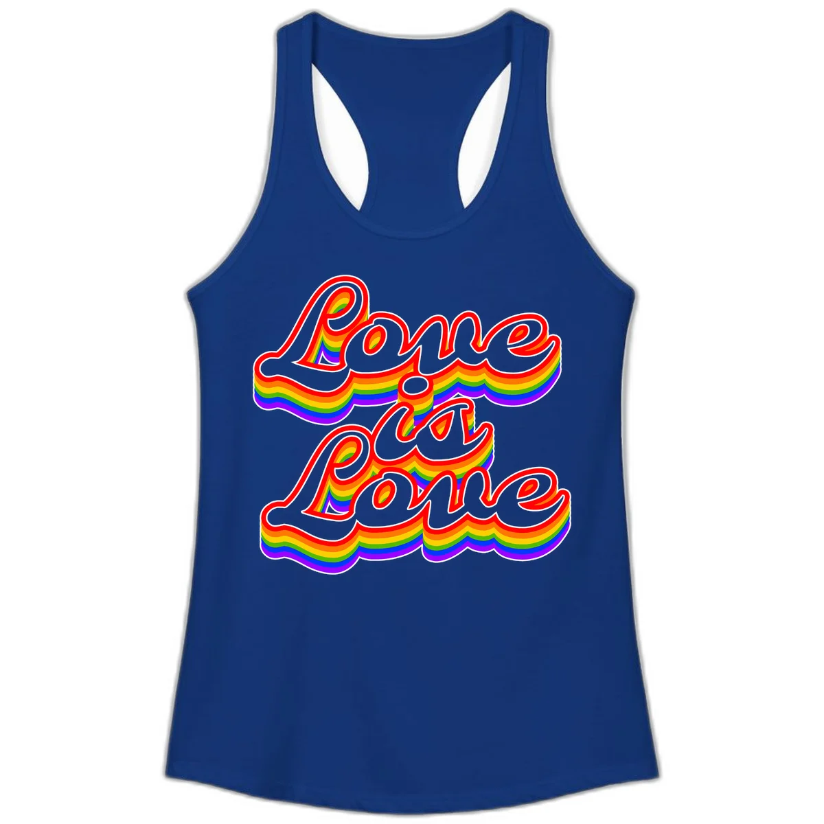 Love is Love rainbow Pride design with layered multicolor text and white outlines on gray background in Solid Royal