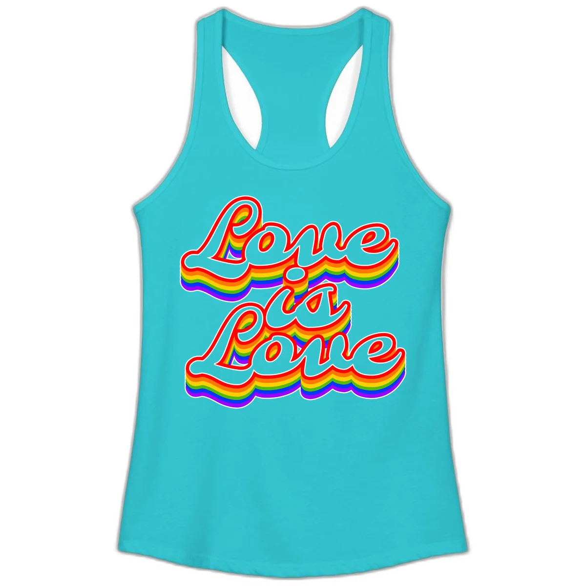 Love is Love rainbow Pride design with layered multicolor text and white outlines on gray background in Solid Tahiti Blue