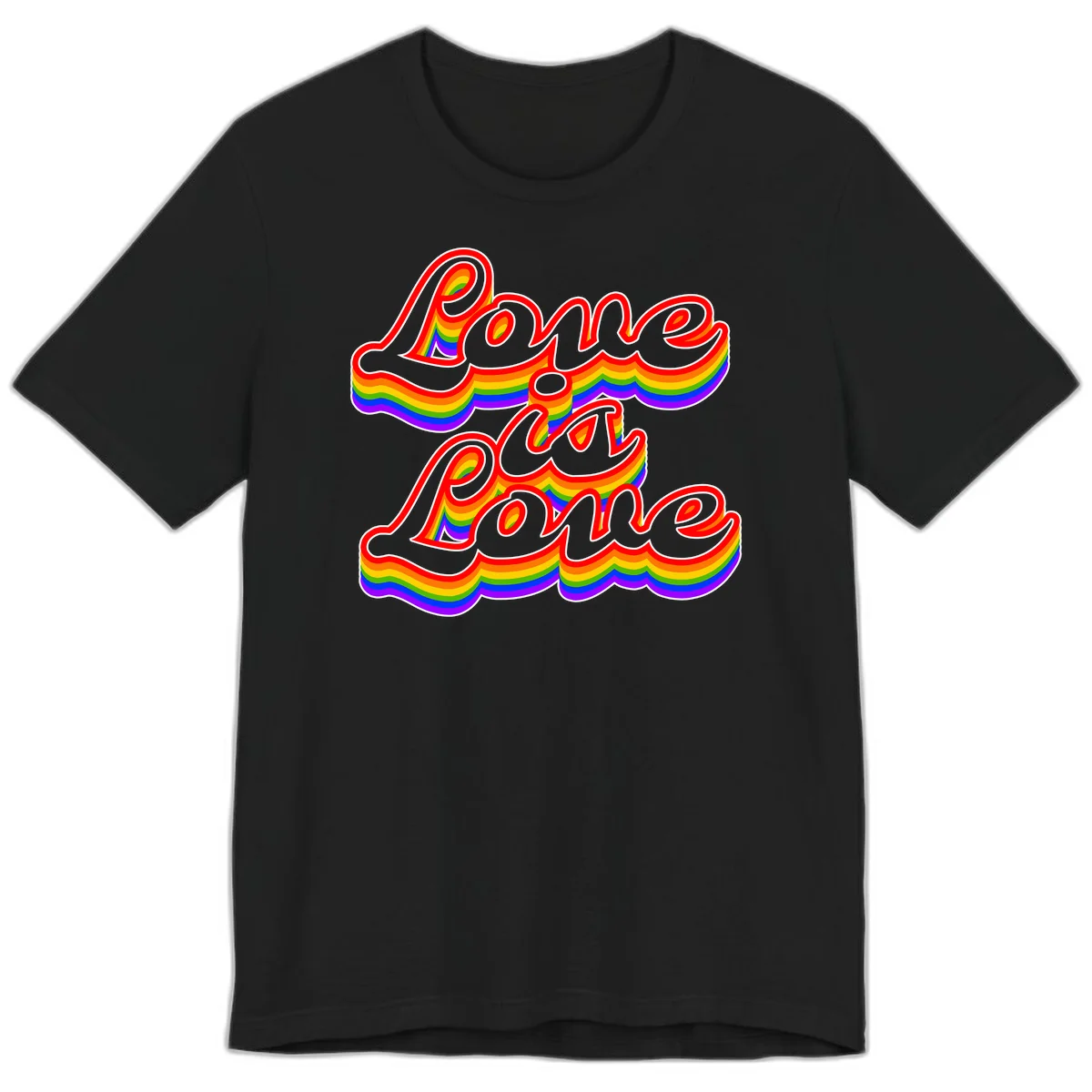Love is Love rainbow Pride design with layered multicolor text and white outlines on gray background in Black