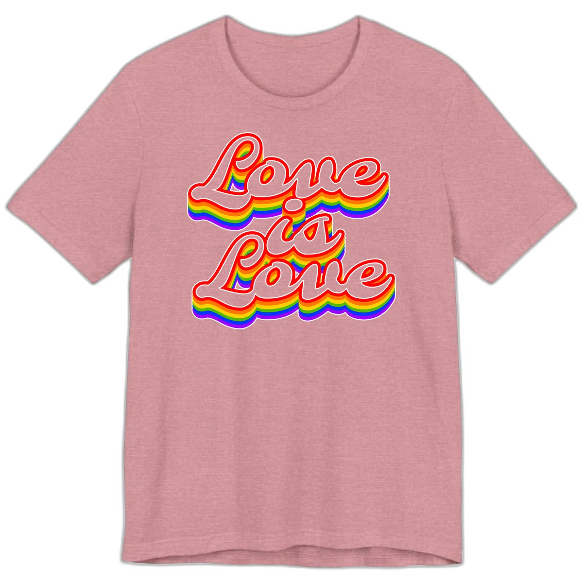 Love is Love rainbow Pride design with layered multicolor text and white outlines on gray background in Heather Orchid
