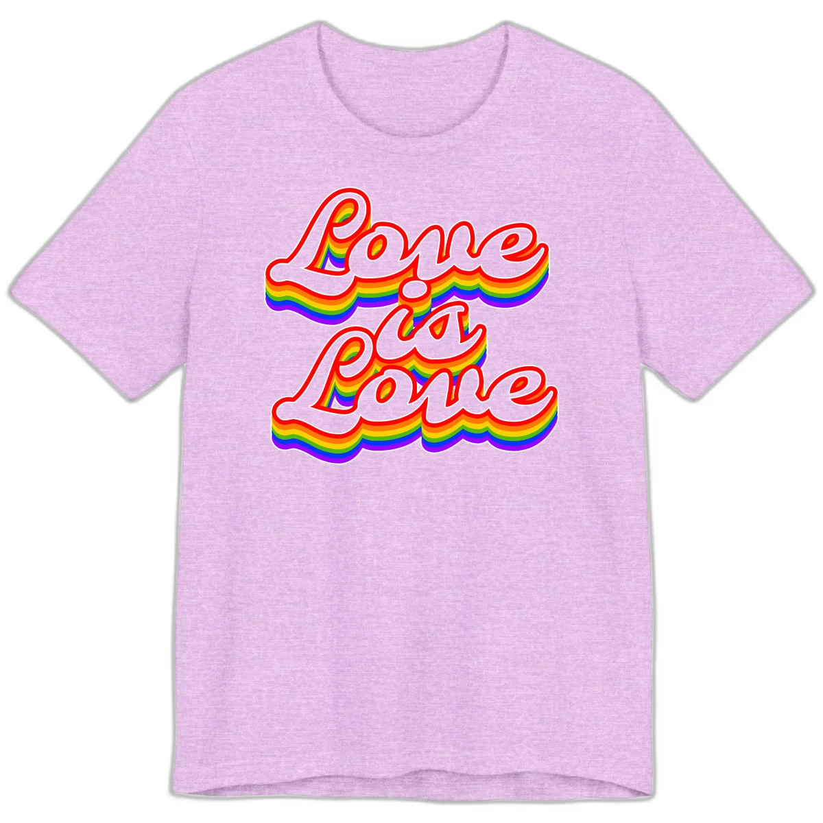 Love is Love rainbow Pride design with layered multicolor text and white outlines on gray background in Heather Prism Lilac