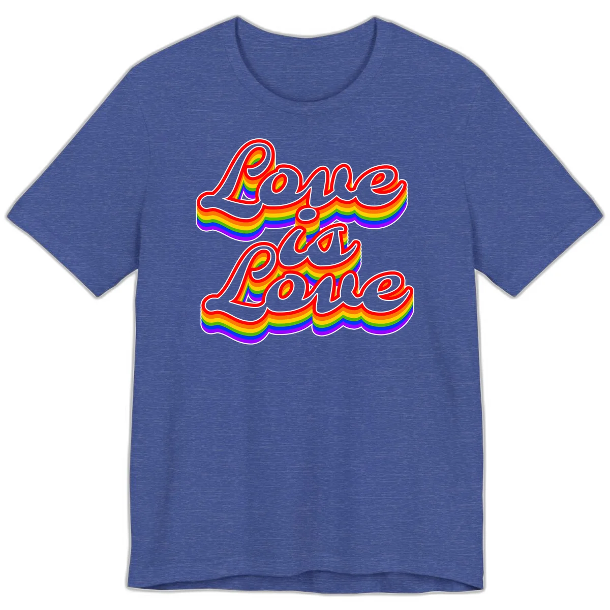 Love is Love rainbow Pride design with layered multicolor text and white outlines on gray background in Heather True Royal