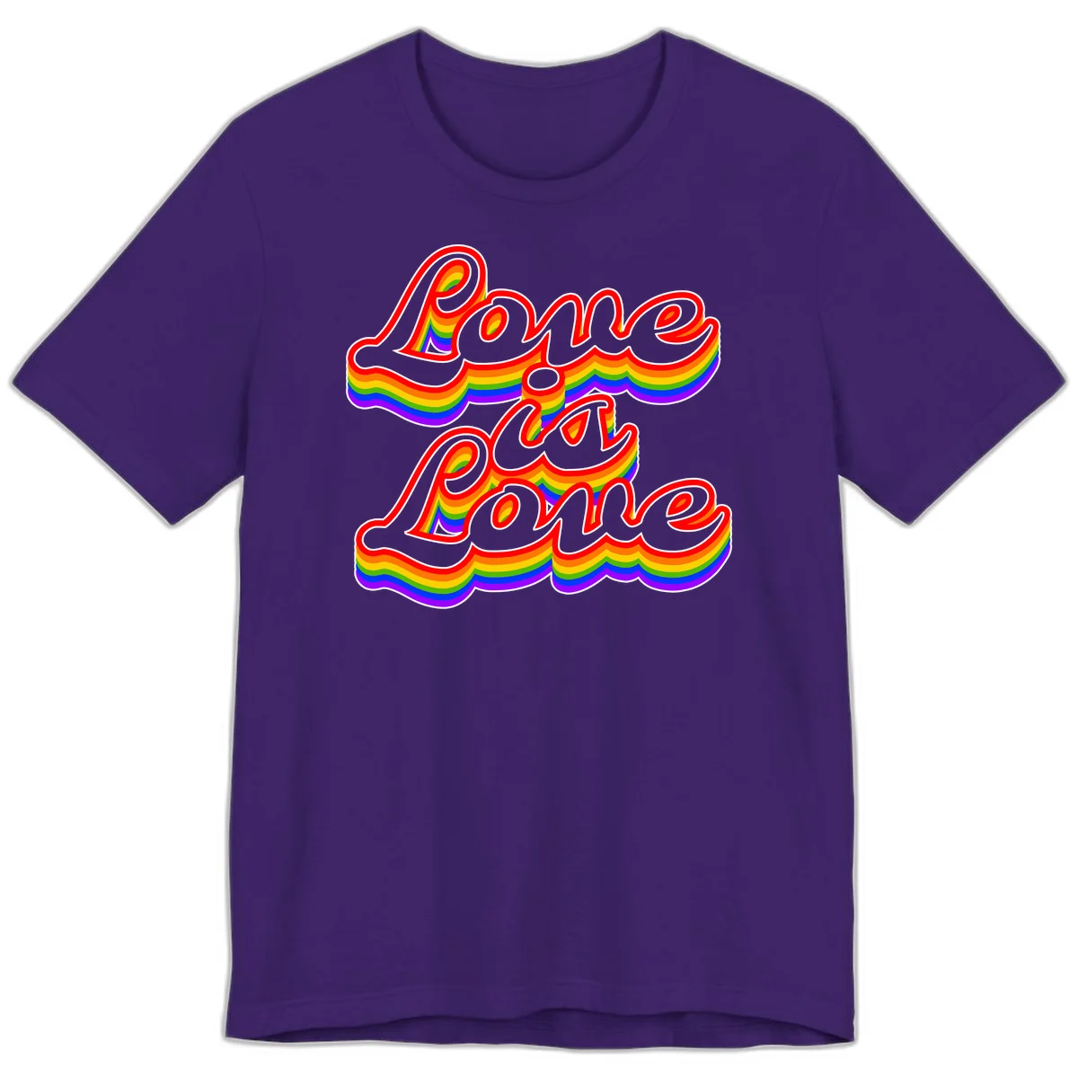 Love is Love rainbow Pride design with layered multicolor text and white outlines on gray background in Team Purple