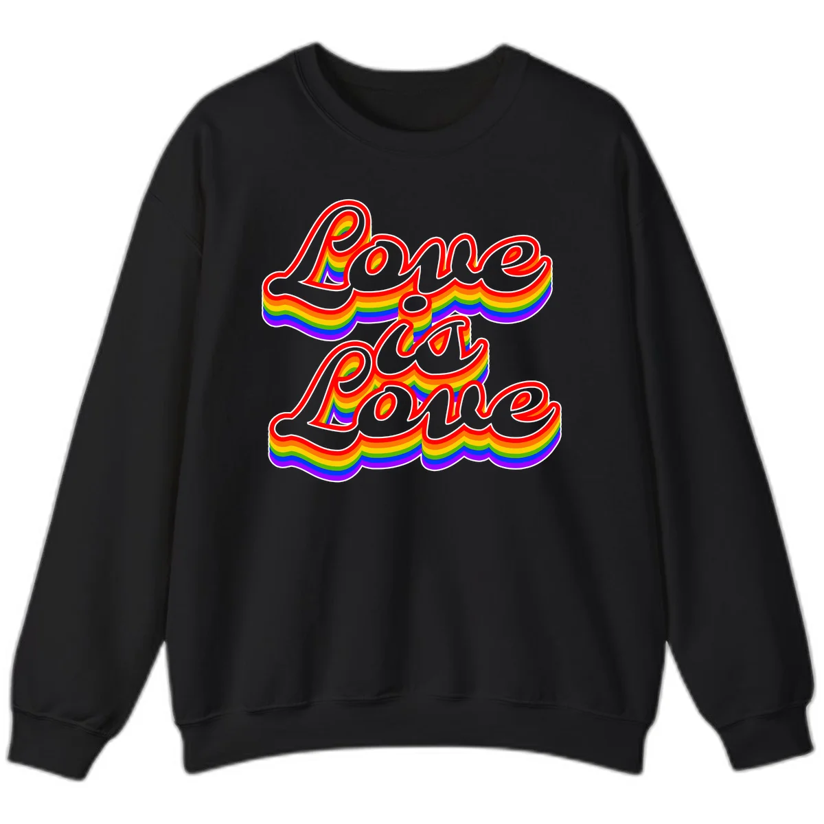 Love is Love rainbow Pride design with layered multicolor text and white outlines on gray background in Black