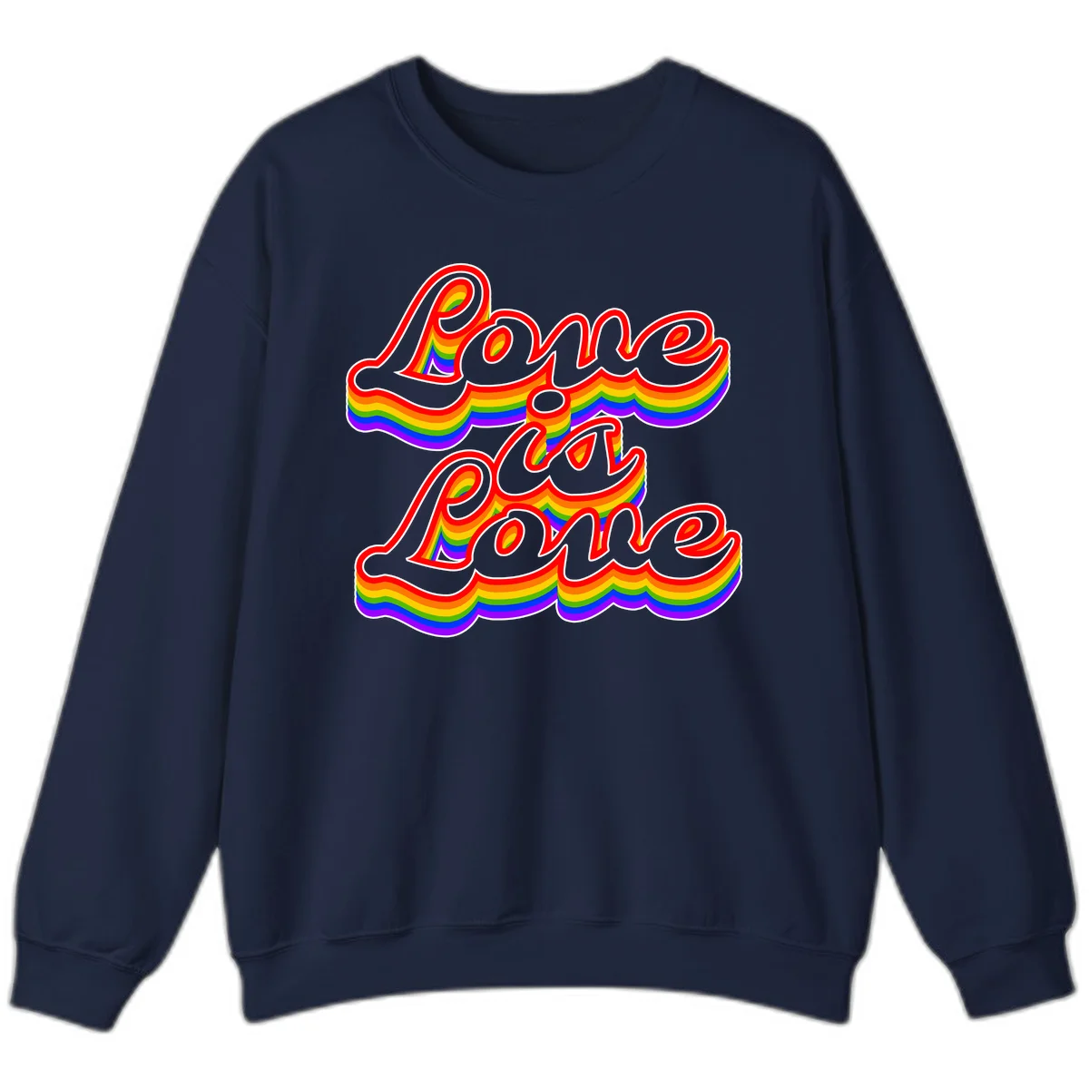 Love is Love rainbow Pride design with layered multicolor text and white outlines on gray background in Navy