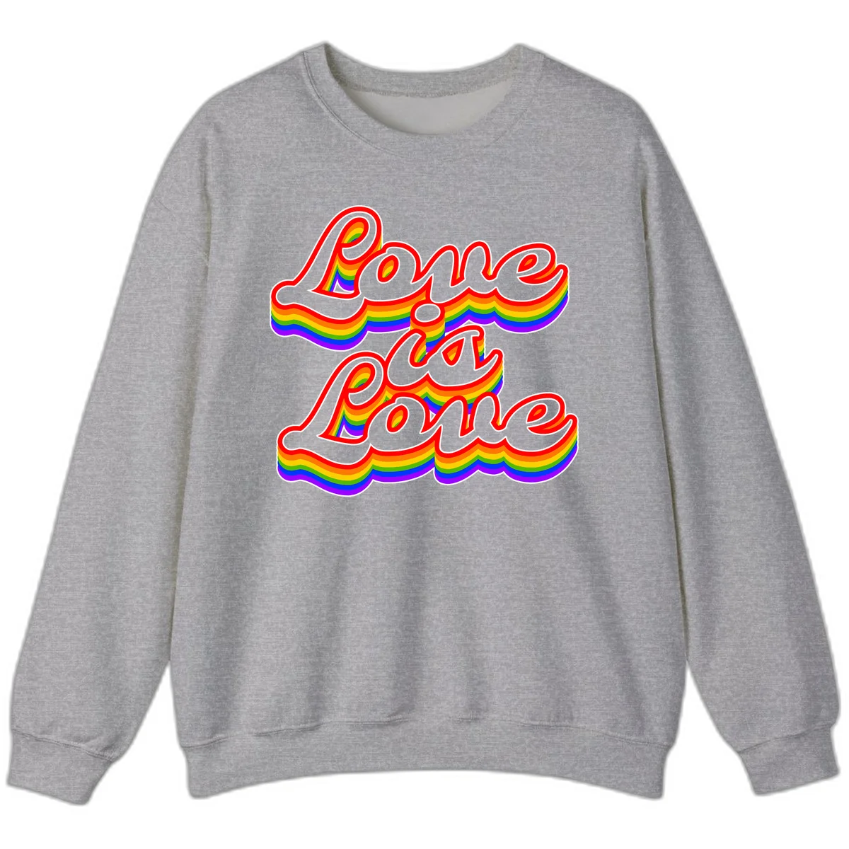Love is Love rainbow Pride design with layered multicolor text and white outlines on gray background in Sport Grey
