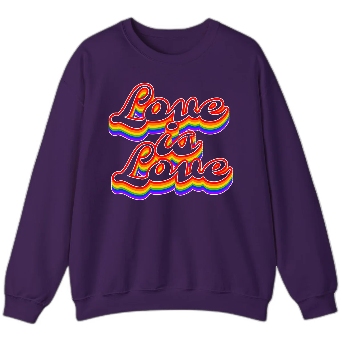 Love is Love rainbow Pride design with layered multicolor text and white outlines on gray background in Purple