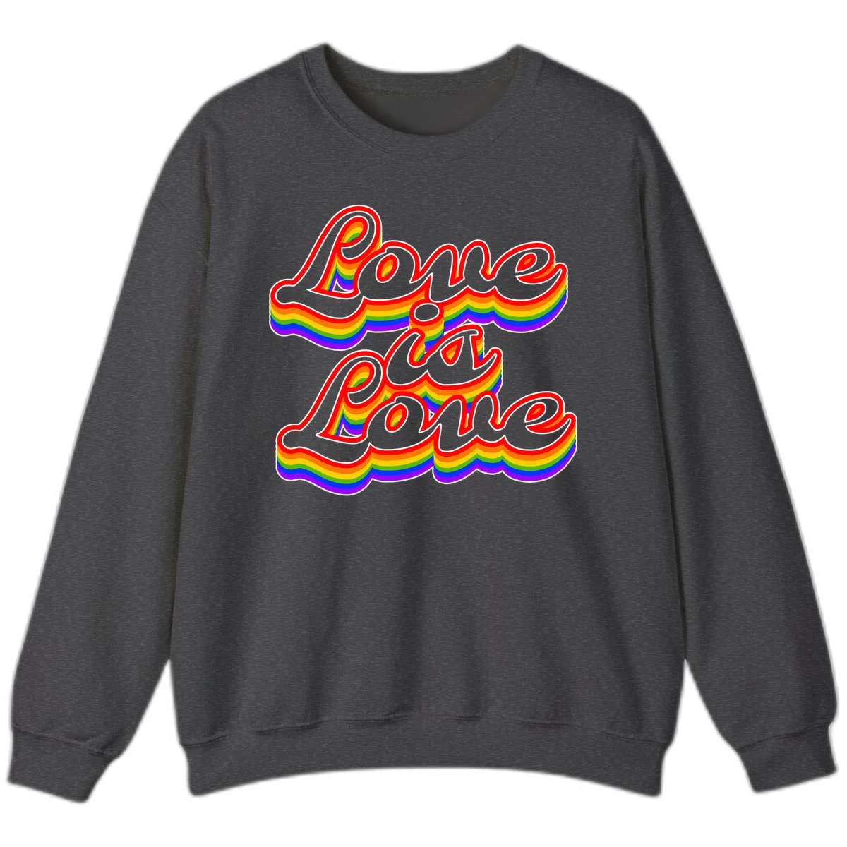 Love is Love rainbow Pride design with layered multicolor text and white outlines on gray background in Dark Heather