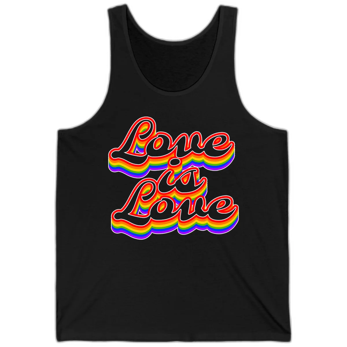 Love is Love rainbow Pride design with layered multicolor text and white outlines on gray background in Black