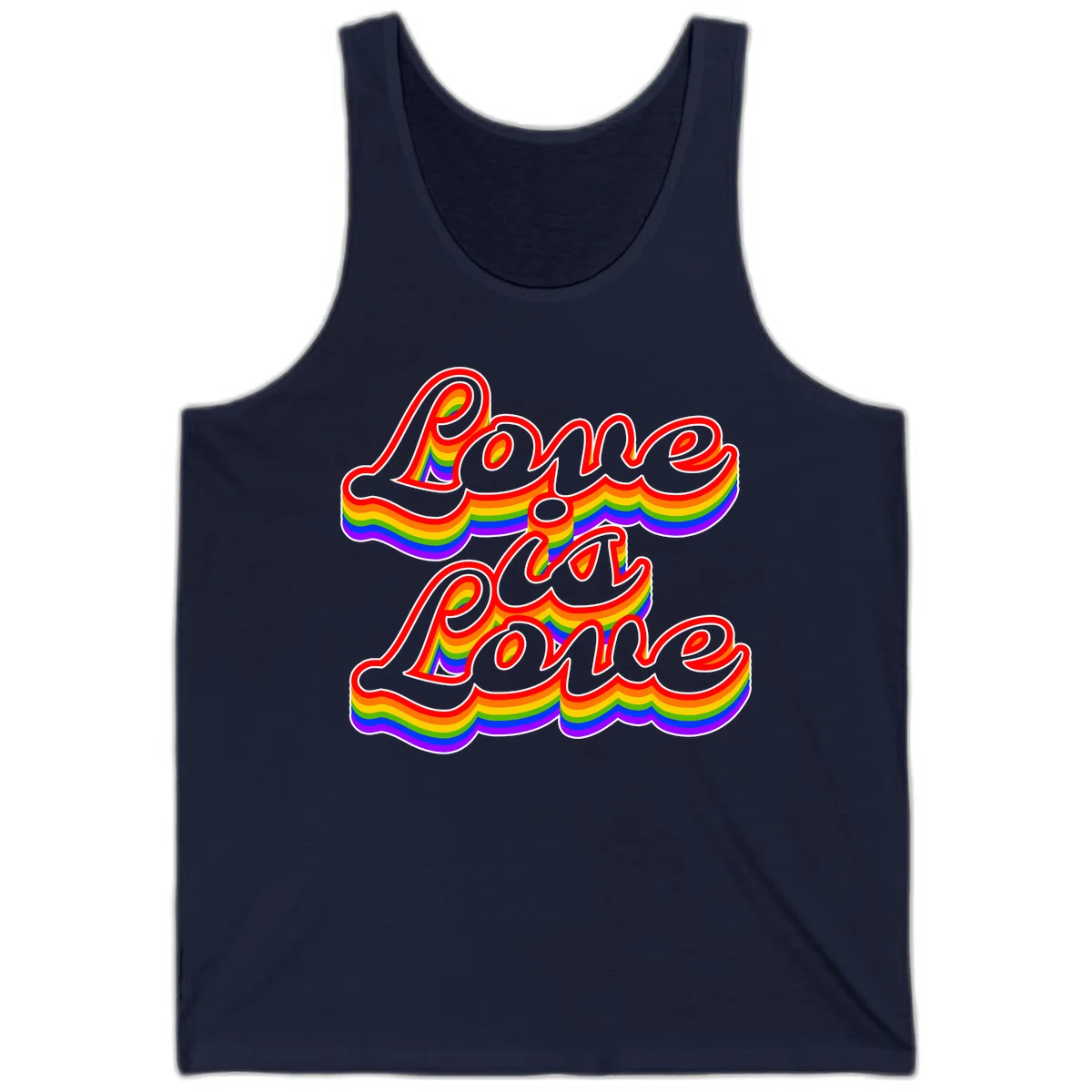 Love is Love rainbow Pride design with layered multicolor text and white outlines on gray background in Navy