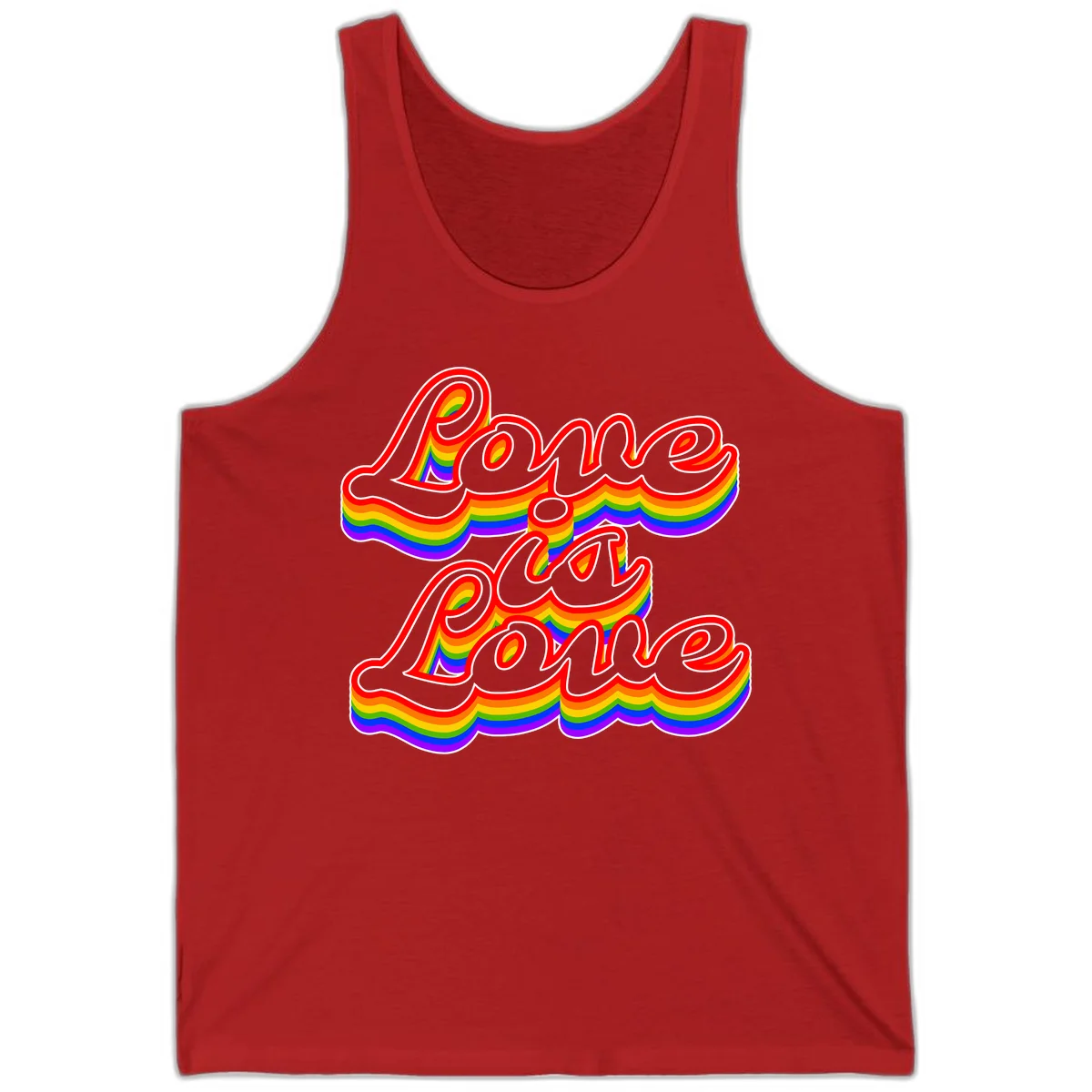 Love is Love rainbow Pride design with layered multicolor text and white outlines on gray background in Red
