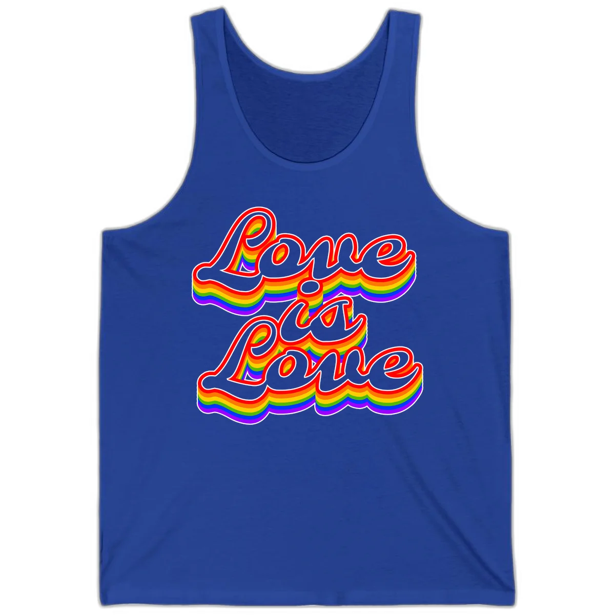 Love is Love rainbow Pride design with layered multicolor text and white outlines on gray background in True Royal