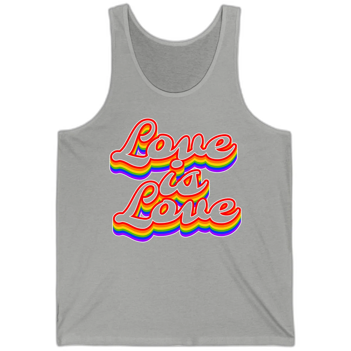 Love is Love rainbow Pride design with layered multicolor text and white outlines on gray background in Athletic Heather