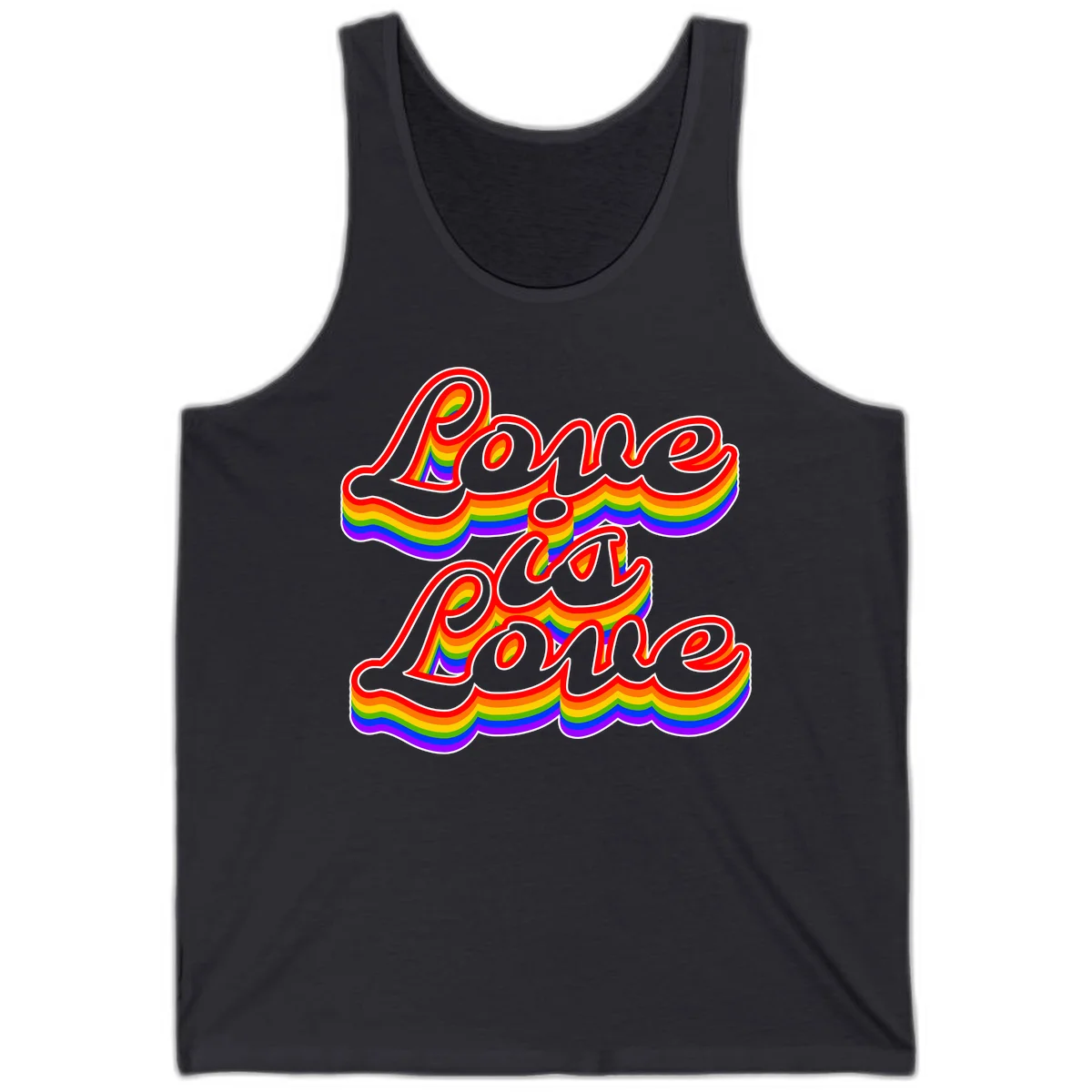 Love is Love rainbow Pride design with layered multicolor text and white outlines on gray background in Dark Grey