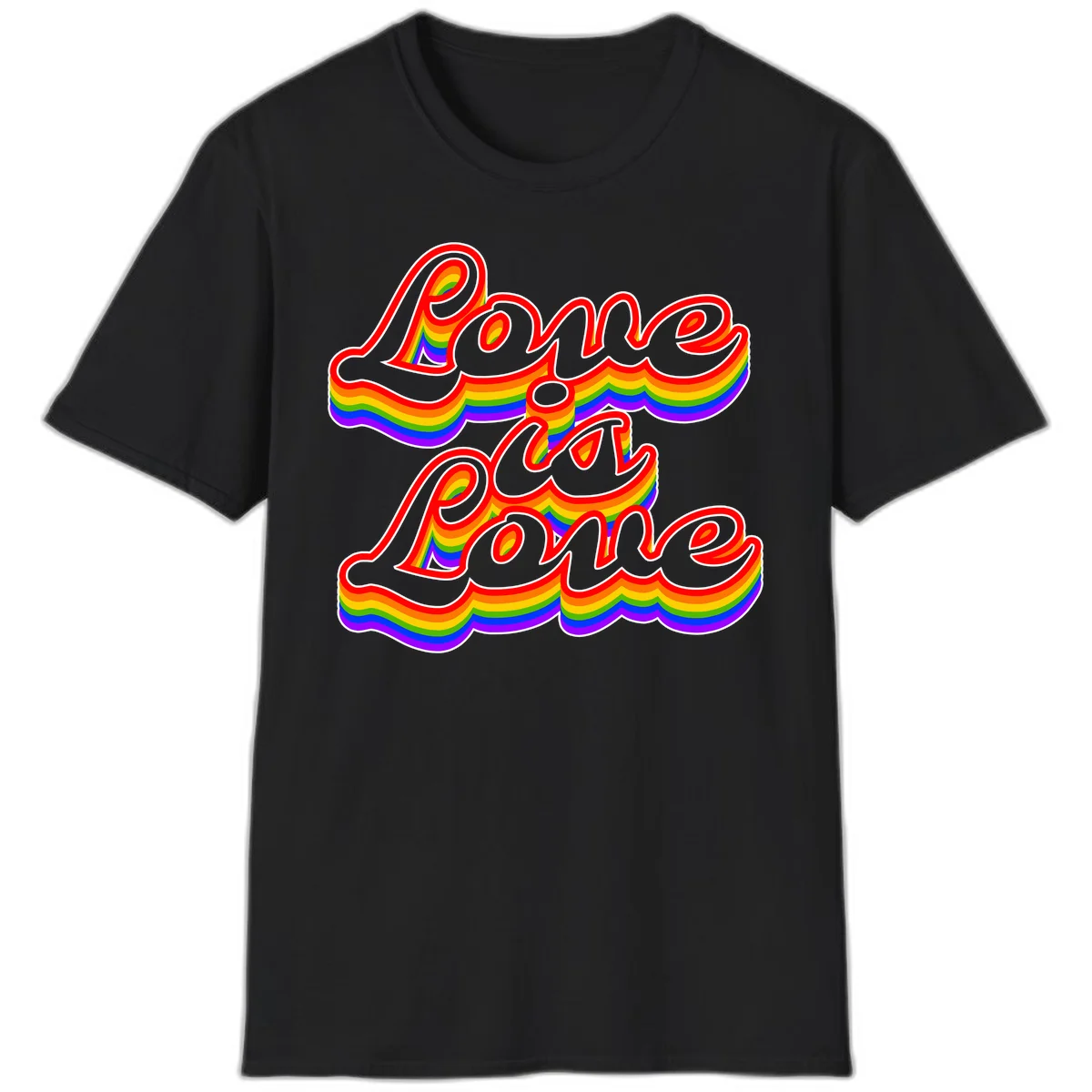 Love is Love rainbow Pride design with layered multicolor text and white outlines on gray background in Black