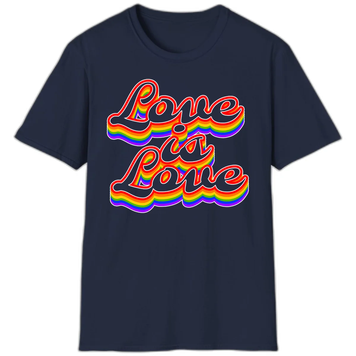 Love is Love rainbow Pride design with layered multicolor text and white outlines on gray background in Navy