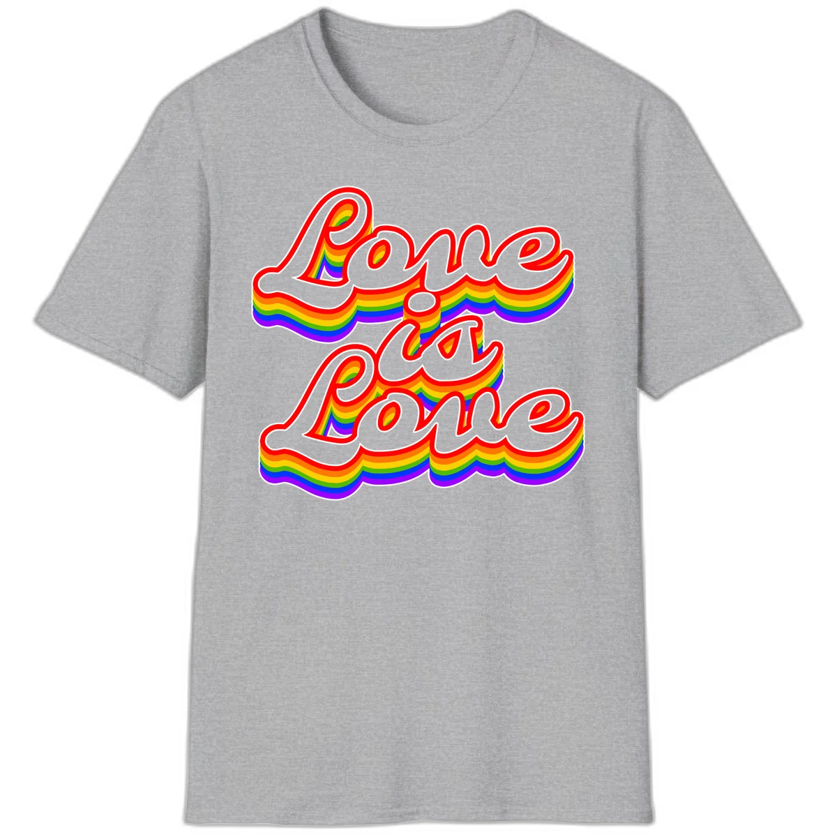 Love is Love rainbow Pride design with layered multicolor text and white outlines on gray background in Sport Grey