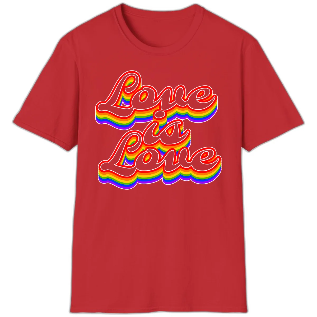 Love is Love rainbow Pride design with layered multicolor text and white outlines on gray background in Red