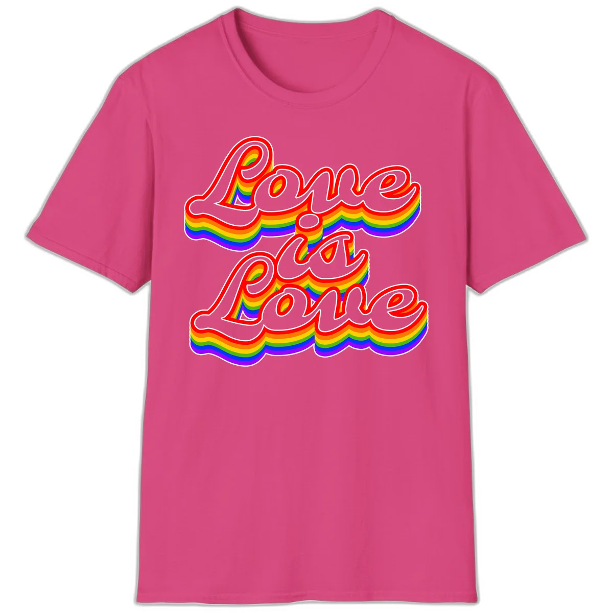Love is Love rainbow Pride design with layered multicolor text and white outlines on gray background in Heliconia