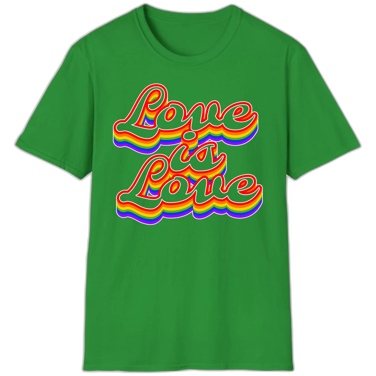 Love is Love rainbow Pride design with layered multicolor text and white outlines on gray background in Irish Green
