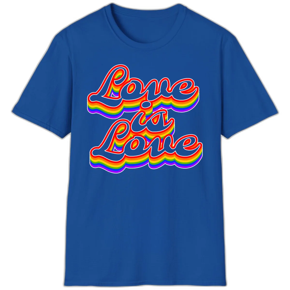 Love is Love rainbow Pride design with layered multicolor text and white outlines on gray background in Royal