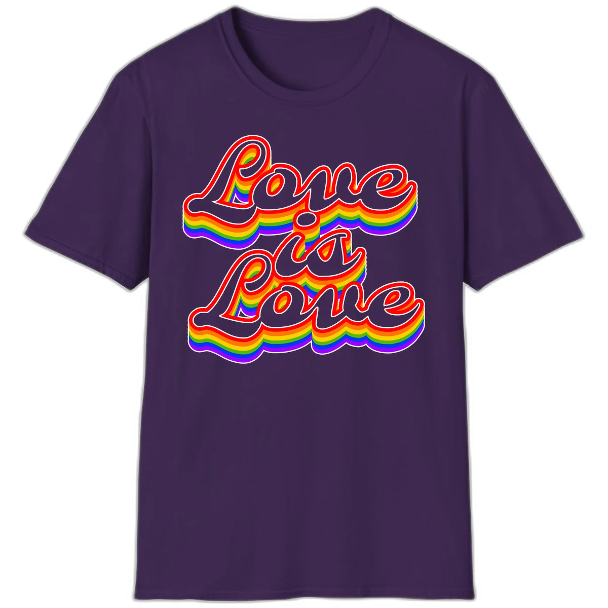 Love is Love rainbow Pride design with layered multicolor text and white outlines on gray background in Purple