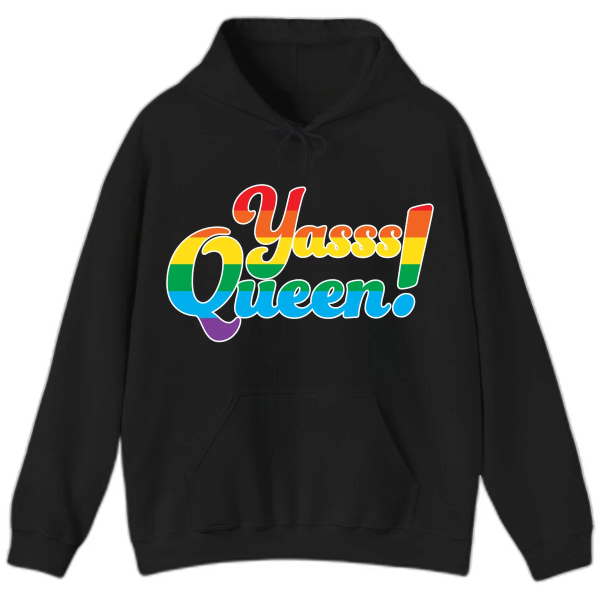 Rainbow pride flag striped text reading 'Unapologetically Queer!' with bold white outline on gray background in Black