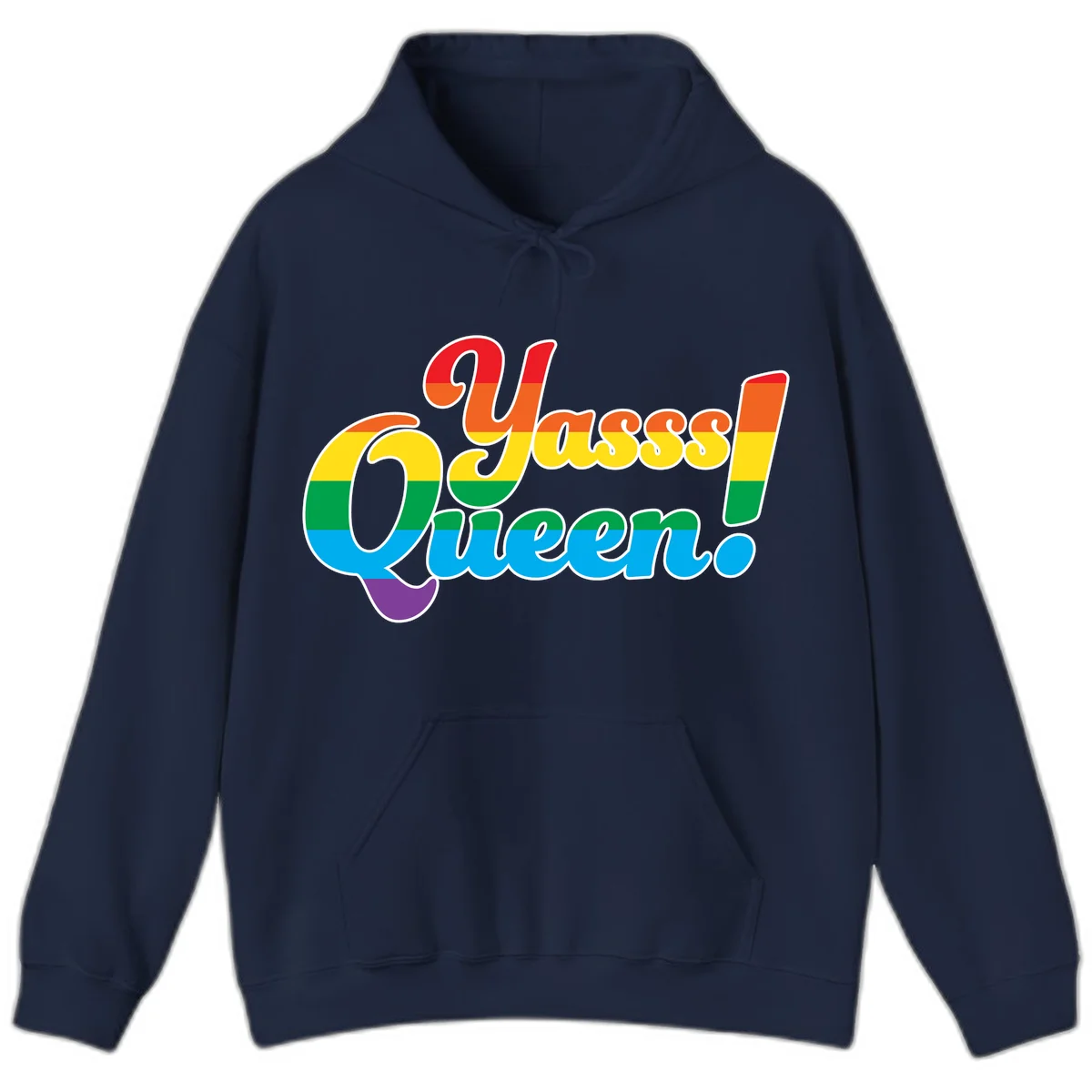 Rainbow pride flag striped text reading 'Unapologetically Queer!' with bold white outline on gray background in Navy