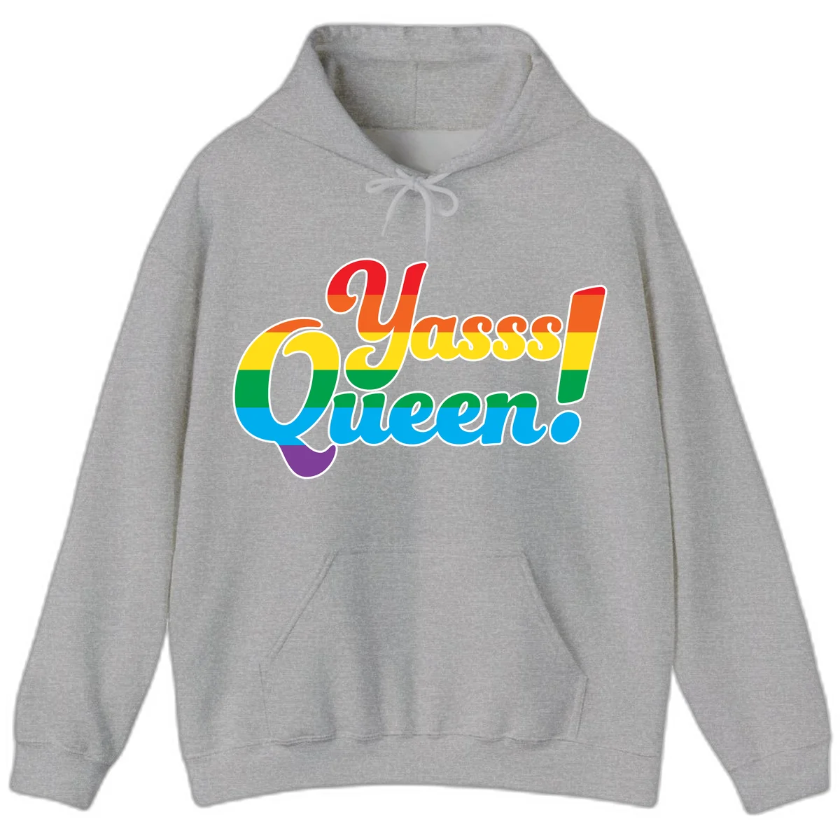 Rainbow pride flag striped text reading 'Unapologetically Queer!' with bold white outline on gray background in Sport Grey