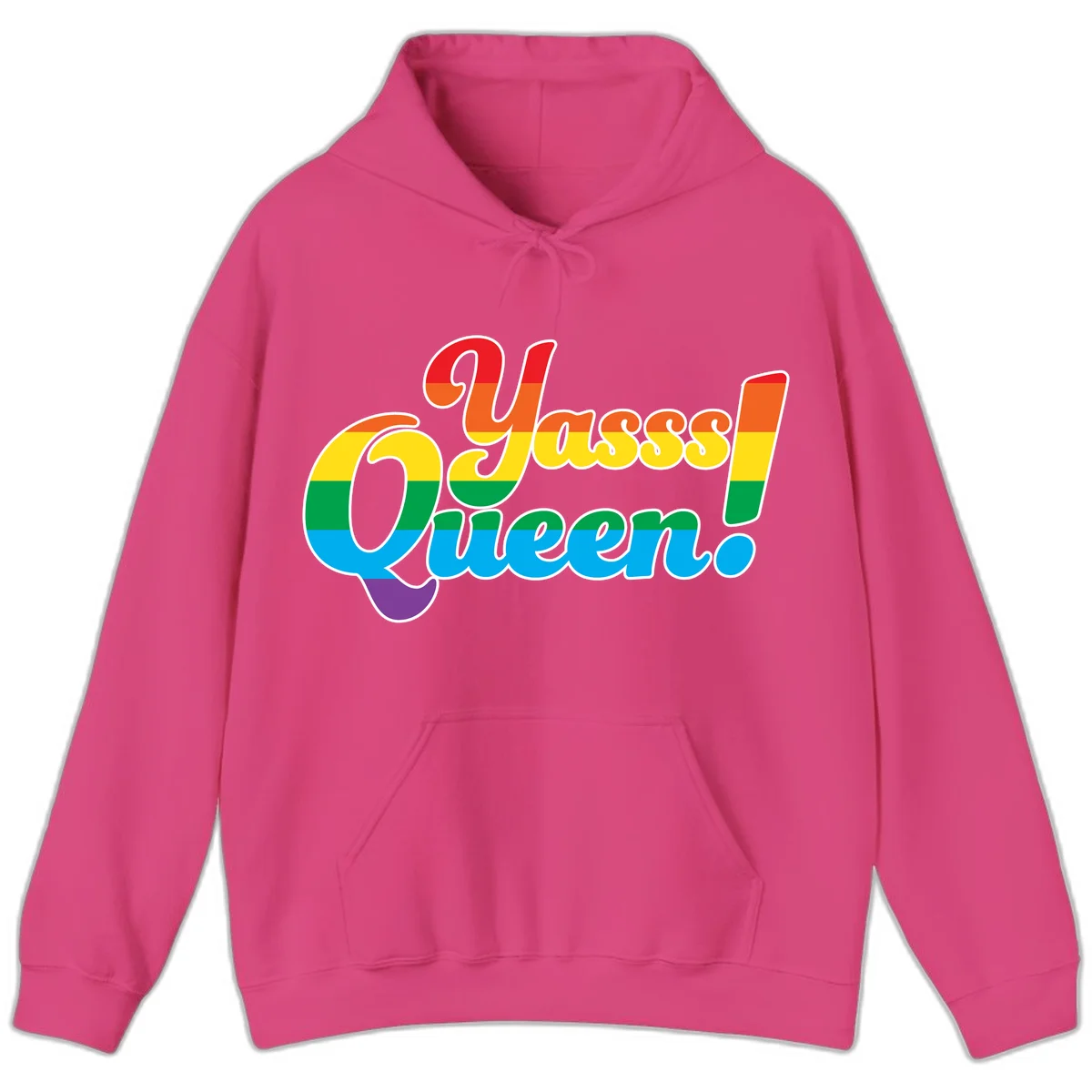 Rainbow pride flag striped text reading 'Unapologetically Queer!' with bold white outline on gray background in Heliconia