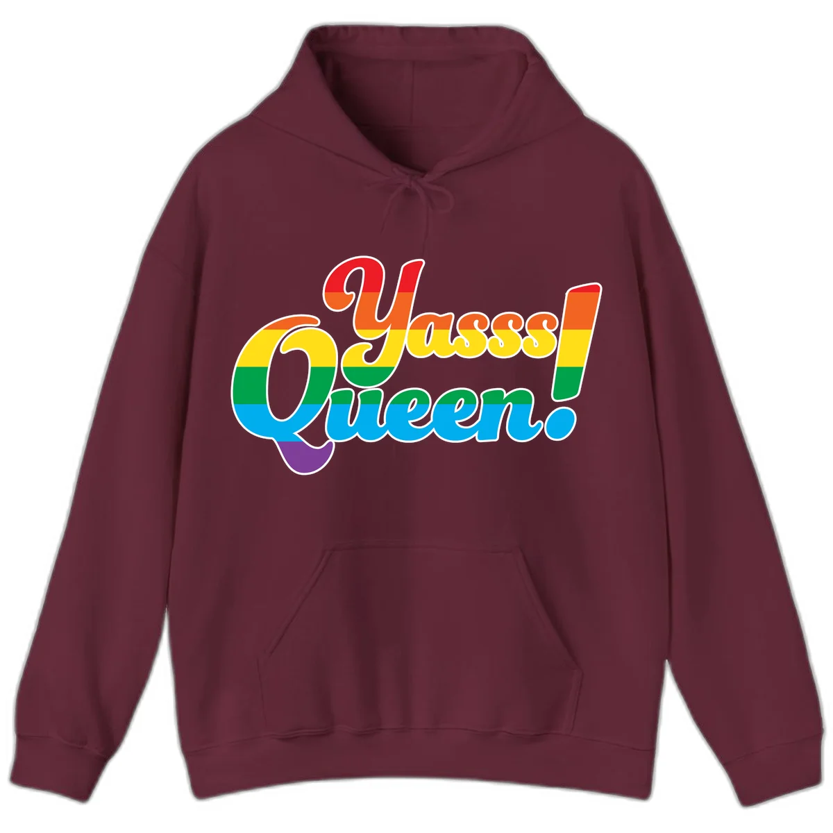 Rainbow pride flag striped text reading 'Unapologetically Queer!' with bold white outline on gray background in Maroon