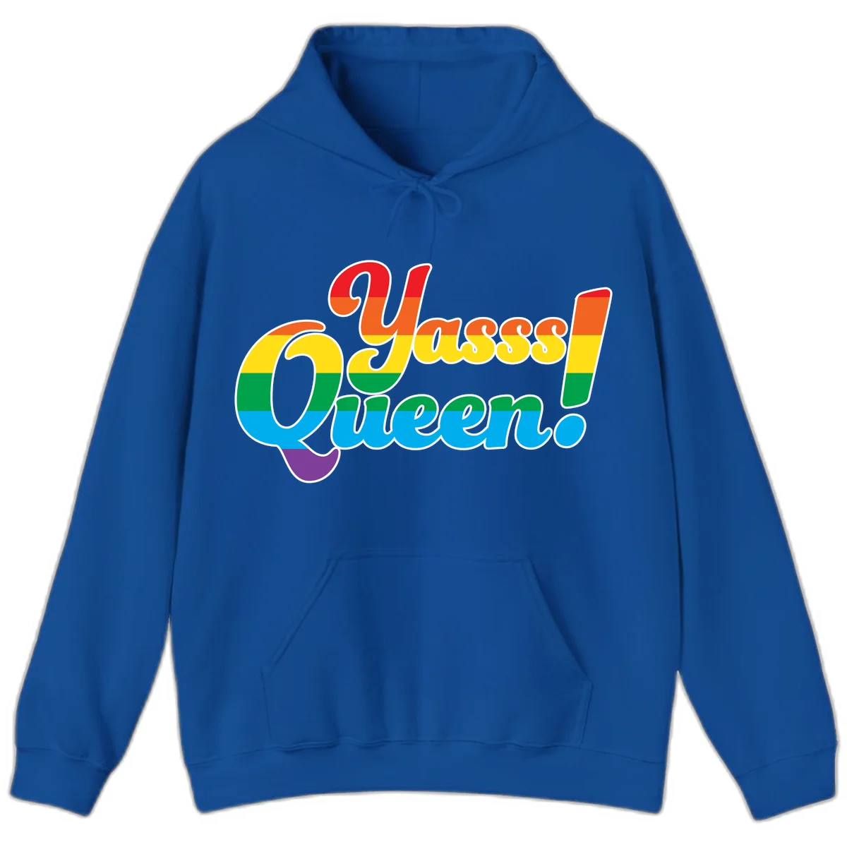 Rainbow pride flag striped text reading 'Unapologetically Queer!' with bold white outline on gray background in Royal