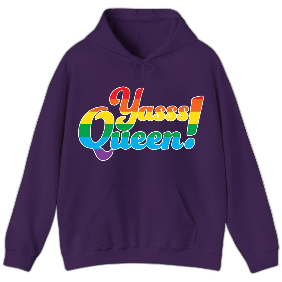 Rainbow pride flag striped text reading 'Unapologetically Queer!' with bold white outline on gray background in Purple