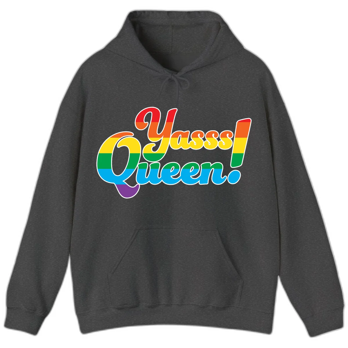 Rainbow pride flag striped text reading 'Unapologetically Queer!' with bold white outline on gray background in Dark Heather