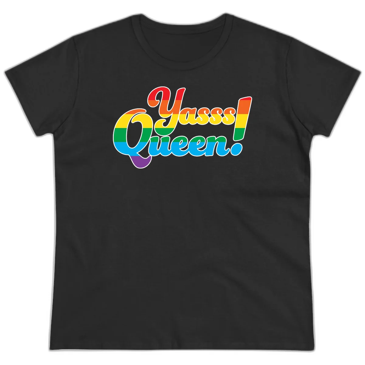 Rainbow pride flag striped text reading 'Unapologetically Queer!' with bold white outline on gray background in Black