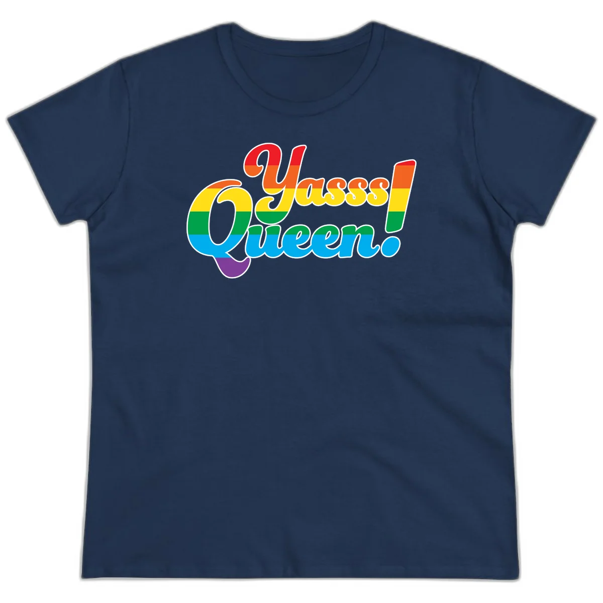 Rainbow pride flag striped text reading 'Unapologetically Queer!' with bold white outline on gray background in Navy