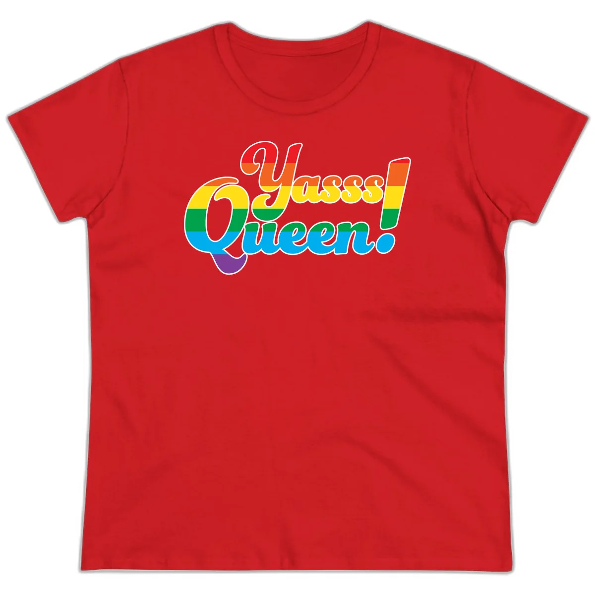 Rainbow pride flag striped text reading 'Unapologetically Queer!' with bold white outline on gray background in Red