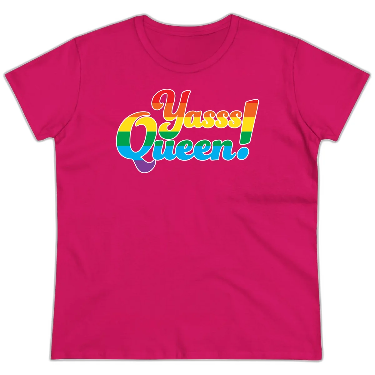 Rainbow pride flag striped text reading 'Unapologetically Queer!' with bold white outline on gray background in Heliconia