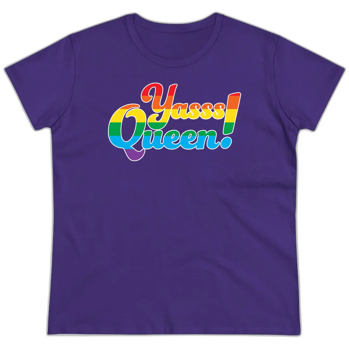 Rainbow pride flag striped text reading 'Unapologetically Queer!' with bold white outline on gray background in Purple