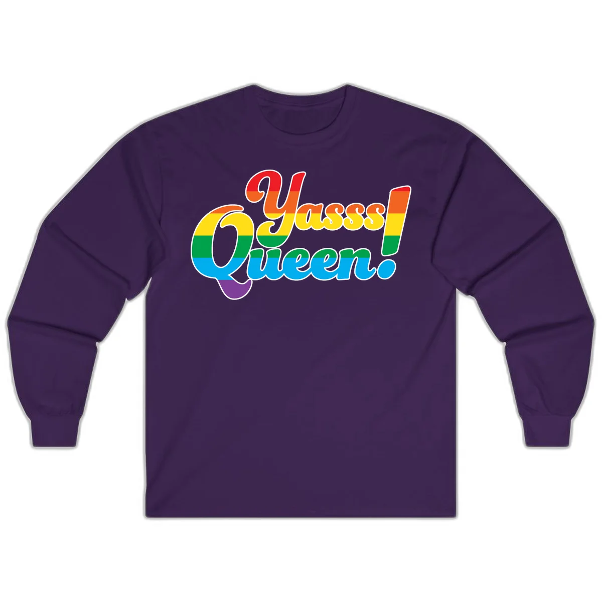 Rainbow pride flag striped text reading 'Unapologetically Queer!' with bold white outline on gray background in Purple