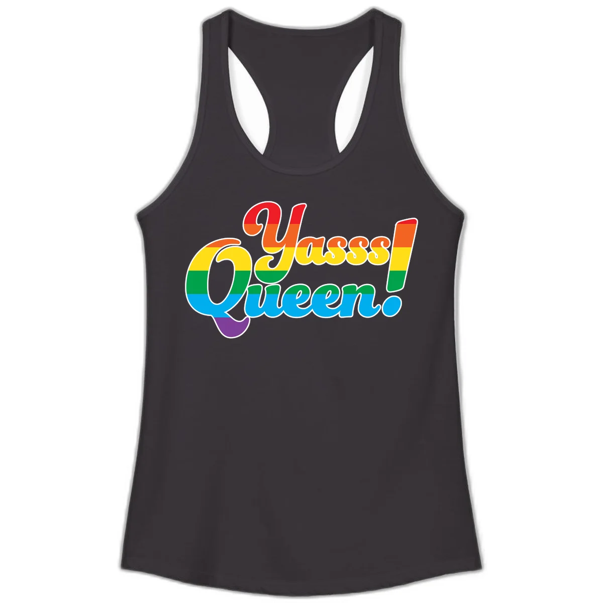 Rainbow pride flag striped text reading 'Unapologetically Queer!' with bold white outline on gray background in Black