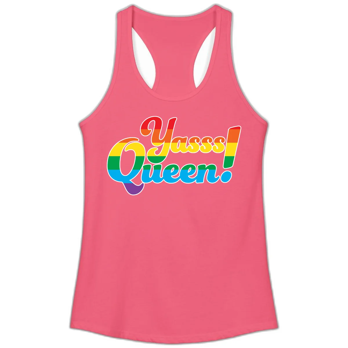 Rainbow pride flag striped text reading 'Unapologetically Queer!' with bold white outline on gray background in Hot Pink