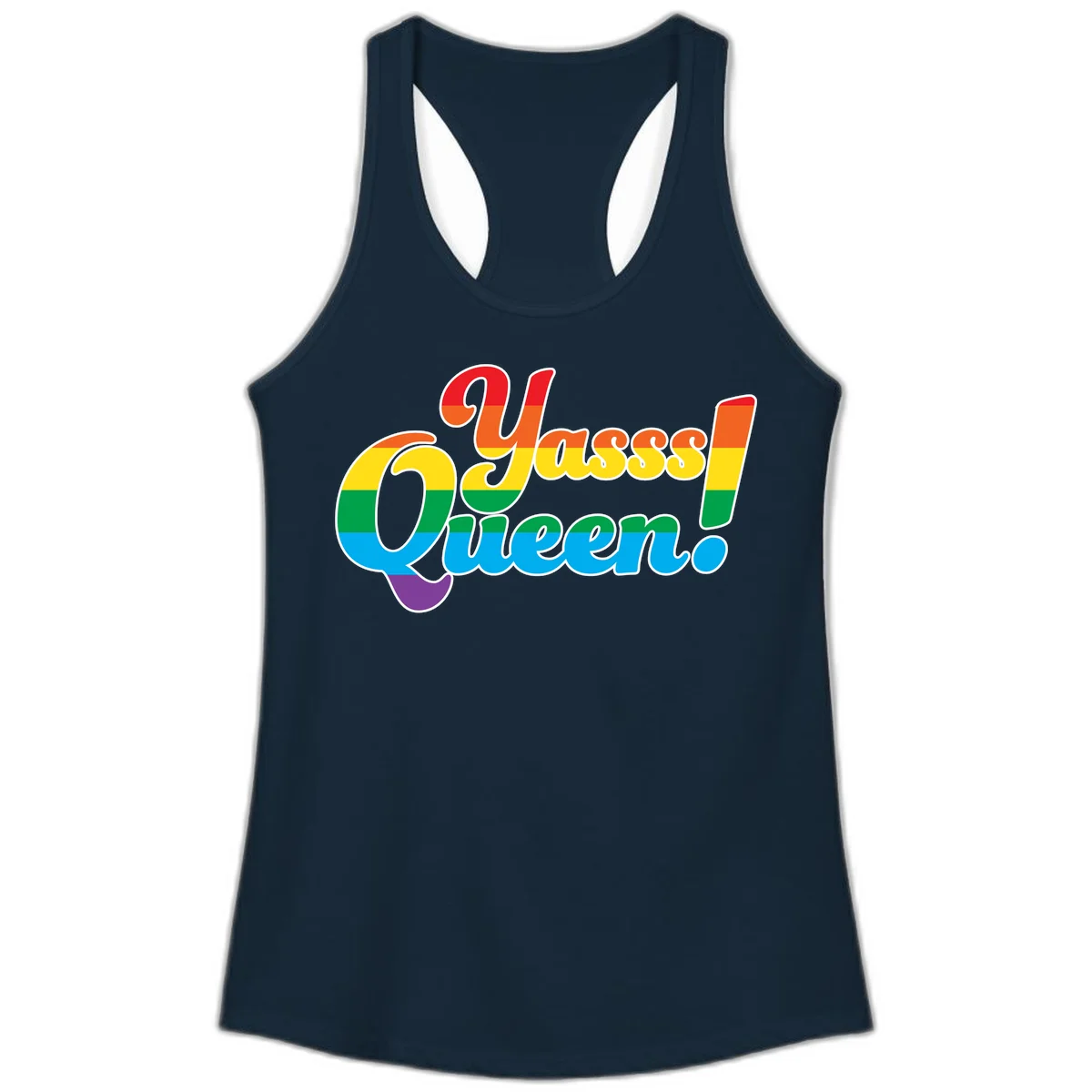 Rainbow pride flag striped text reading 'Unapologetically Queer!' with bold white outline on gray background in Solid Midnight Navy