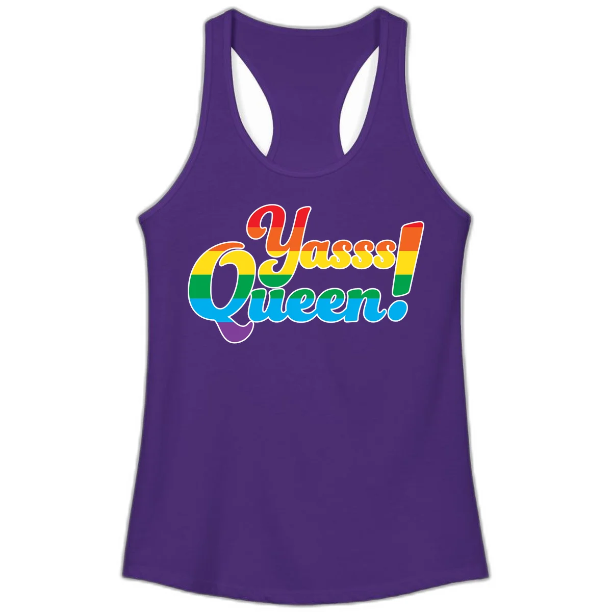 Rainbow pride flag striped text reading 'Unapologetically Queer!' with bold white outline on gray background in Solid Purple Rush