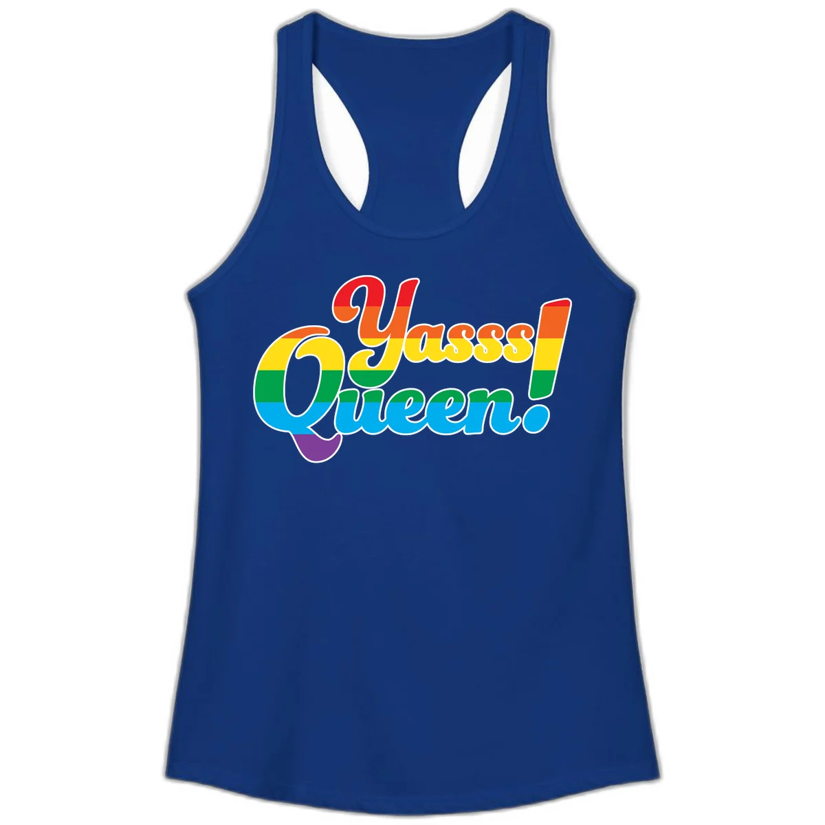 Rainbow pride flag striped text reading 'Unapologetically Queer!' with bold white outline on gray background in Solid Royal