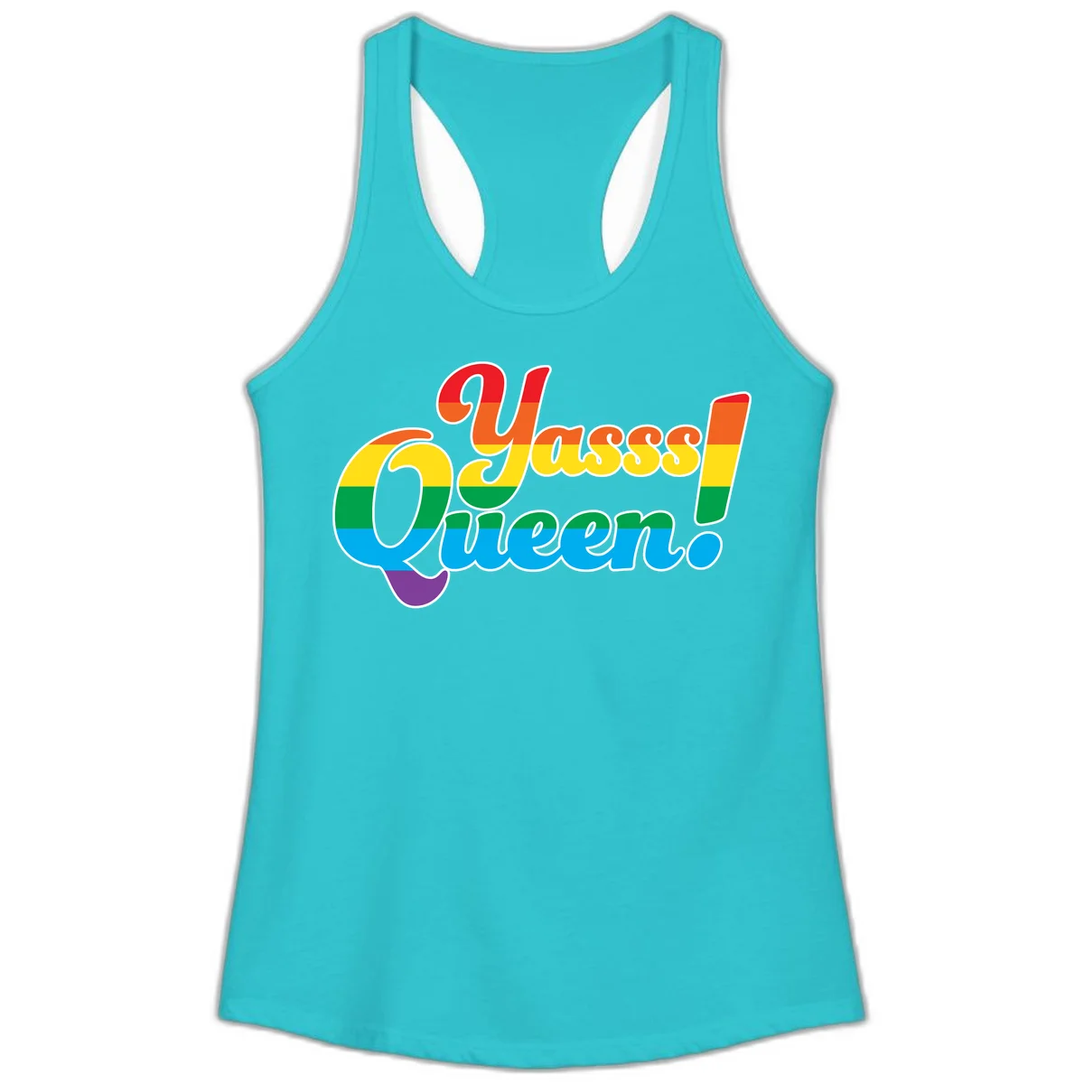 Rainbow pride flag striped text reading 'Unapologetically Queer!' with bold white outline on gray background in Solid Tahiti Blue