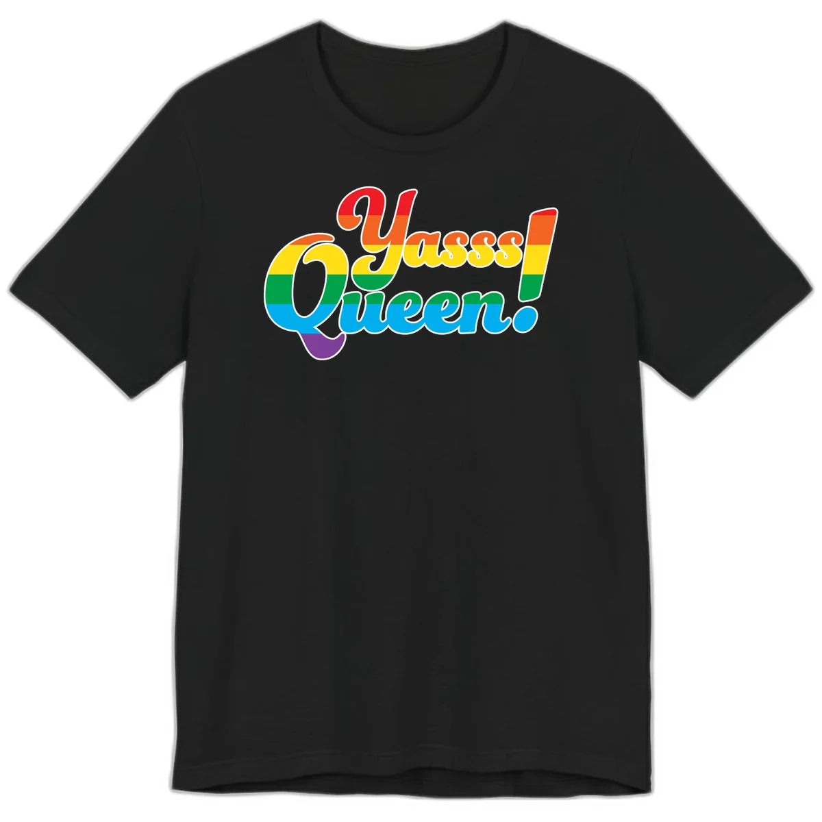 Rainbow pride flag striped text reading 'Unapologetically Queer!' with bold white outline on gray background in Black