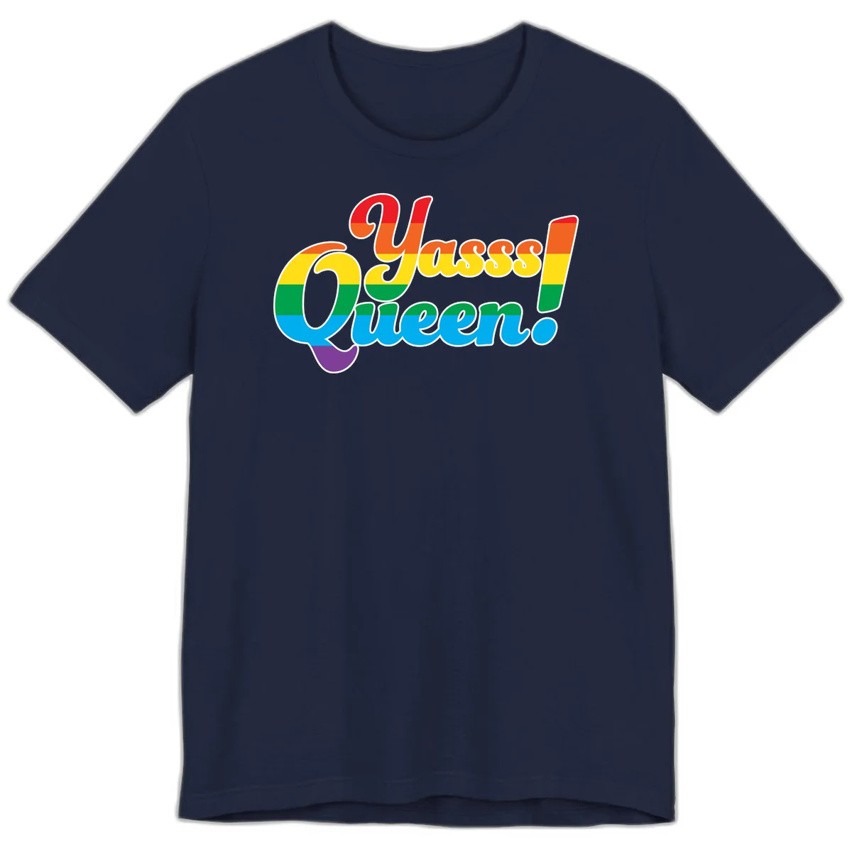 Rainbow pride flag striped text reading 'Unapologetically Queer!' with bold white outline on gray background in Navy