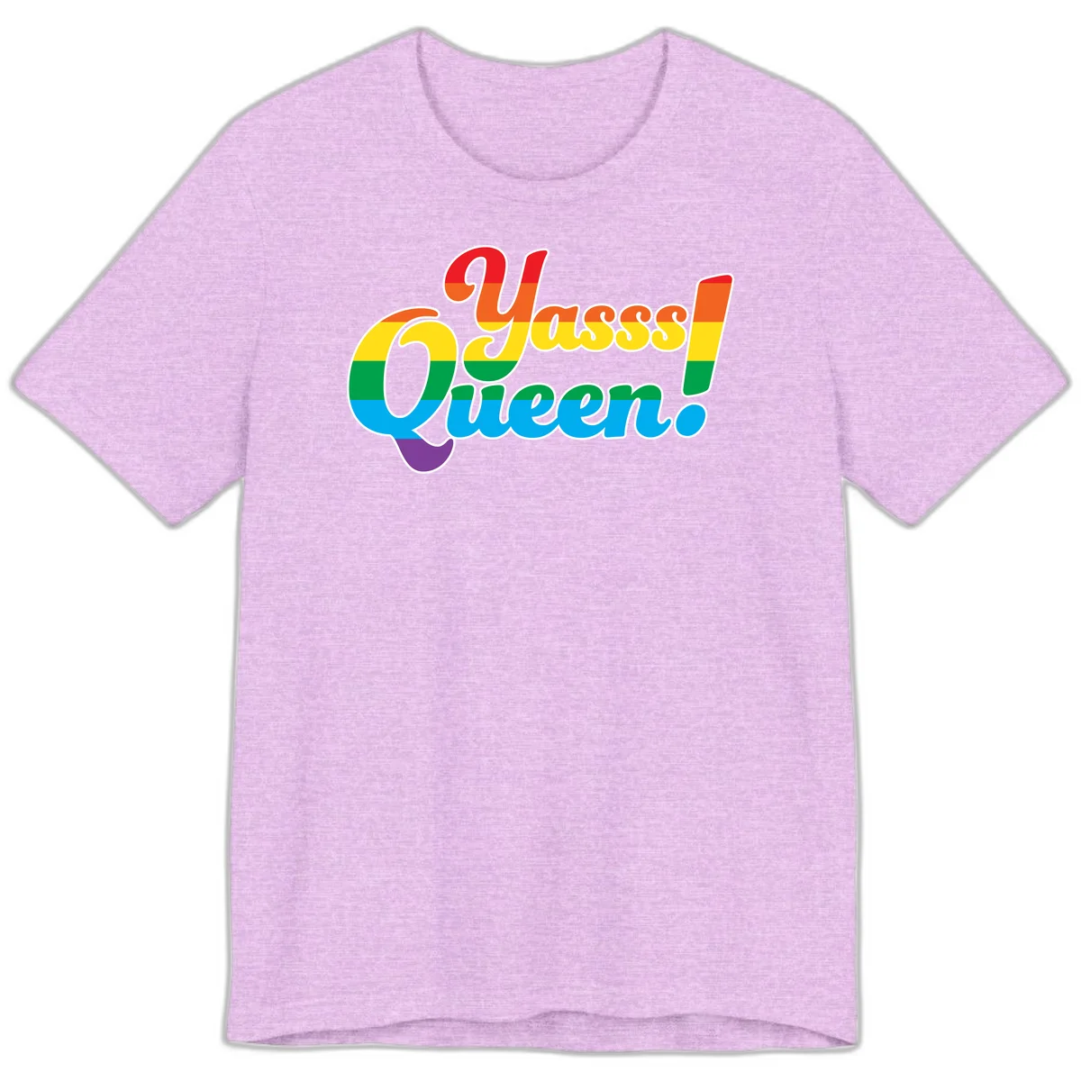Rainbow pride flag striped text reading 'Unapologetically Queer!' with bold white outline on gray background in Heather Prism Lilac